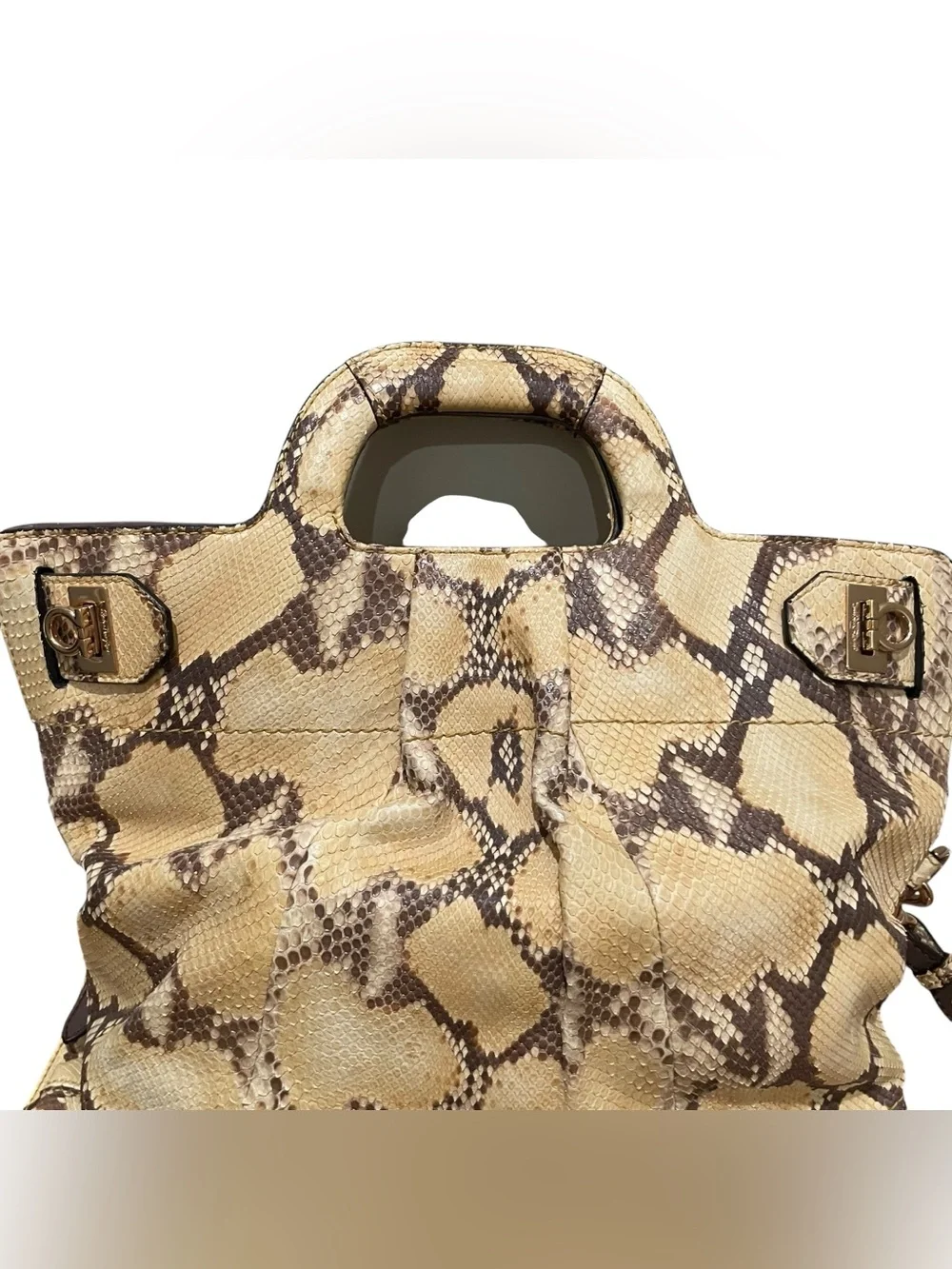 Salvatore Ferragamo Python Leather Convertible Tote Crossbody Bag Beige Brown